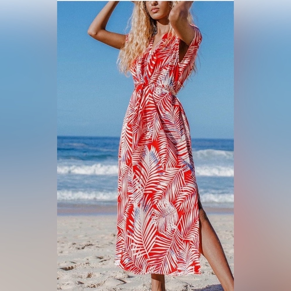 Cupshe Red Tropical Wrap Maxi Dress Size M Beach Resort Available
